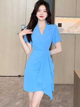 Женское Синее Шикарное Плиссированное Короткое платье-костюм с коротким рукавом, Летнее элегантное Повседневное Офисное платье для леди 2023, Корейское платье для официальных мероприятий