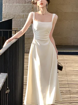 Летнее Вечернее Белое платье Миди 2023, Офисное Женское Тонкое Сексуальное платье без рукавов на бретельках, женское цельное платье в пляжном стиле, Корейское платье