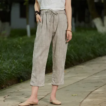 Женские Весенне-осенние хлопчатобумажные льняные брюки с эластичной резинкой на талии, женские винтажные летние брюки-карандаш 2020, женские брюки
