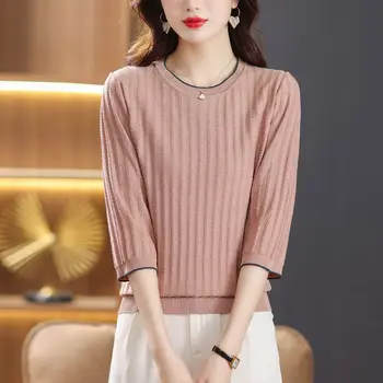 Весенне-летняя тонкая женская одежда, однотонный трикотаж с круглым вырезом, повседневная корейская футболка на три четверти