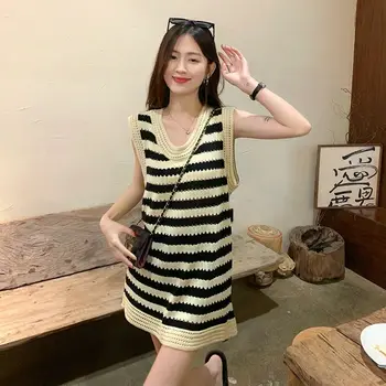 Корейское летнее полосатое трикотажное платье без рукавов с круглым вырезом, открытые свободные мини-платья для женщин, трикотаж