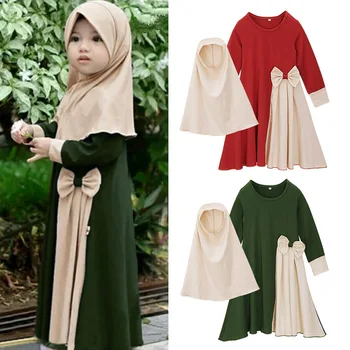 Мусульманские комплекты для маленьких девочек из 2 предметов, платье-абайя для детей, шарф, халаты, молитвенный набор, Детский лоскутный дизайн, Свободные абайи с бантом в Рамадан