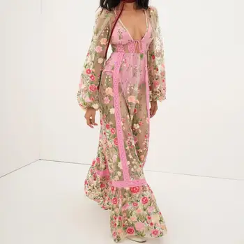 Yiiciovy/ Женское сексуальное праздничное бикини, пляжное платье с цветочной вышивкой, платье с длинным рукавом, прозрачные платья из прозрачной сетки