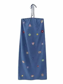 MESTTRAF Женская мода Y2K Платье Миди на бретельках с цветочной вышивкой на бретельках Женские Шикарные Летние джинсовые платья с разрезом без спинки