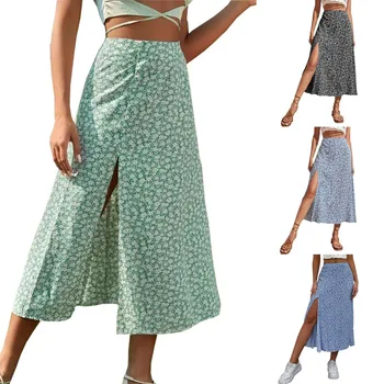 Женские юбки, Летние женские юбки с высокой эластичной талией, разрезом спереди, цветочным принтом, Трапециевидная юбка Миди для вечеринок BNS-J99221