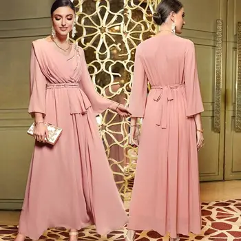 Элегантное женское розовое платье из Дубая для мусульманской исламской вечеринки, кафтан-абайя, Шифоновое длинное платье-халат, расшитое бисером, S-2XL