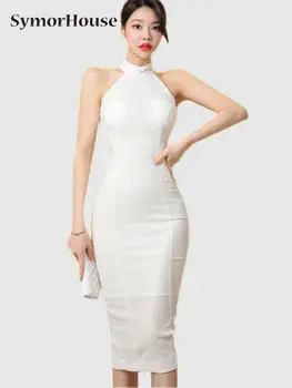Летнее осеннее платье без рукавов Женское элегантное шикарное простое облегающее платье-футляр с открытыми плечами для вечеринок Vestidos