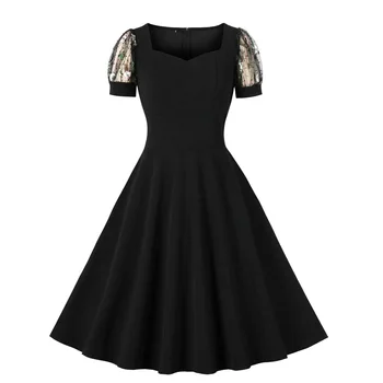 2023 Новые черные платья, женские летние сетчатые платья с коротким рукавом и цветочной вышивкой, винтажное приталенное повседневное винтажное платье для вечеринок vestido