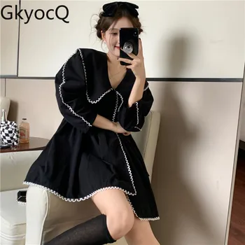 Женские платья GkyocQ Корейский шик, черные милые платья, большие размеры, винтажный повседневный женский халат, тонкое Женское мини-платье с высокой талией