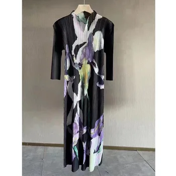 Плиссированное Платье Miyake Размера Плюс, Летнее Высококачественное Длинное Платье В Западном Стиле С Принтом, Корейское Женское Повседневное Вечернее Платье С V-образным вырезом 2023