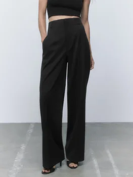 Брюки 2023 Женская одежда Офисная Элегантная ширинка на молнии, брюки с высокой талией и прямыми штанинами, Боковые карманы, детали для отстрочки верха, длинные брюки