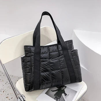 Зимние брендовые женские сумки через плечо, модные стеганые решетчатые черные сумки большой вместимости, дизайнерские сумки-тоут большой вместимости