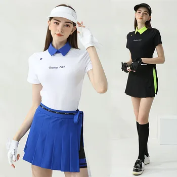 Девушка-гольфист, дышащая футболка-поло, тонкие топы для гольфа с коротким рукавом, женская юбка для гольфа с высокой талией и внутренними шортами, комплекты плиссированных шорт