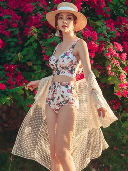 Корейский купальник с принтом флоры, женский купальник из трех частей в тропическом стиле, для похудения, сексуальное бикини, цельный пляжный купальник из горячих источников