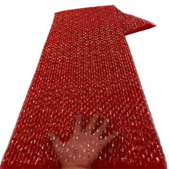 Роскошное Африканское красное кружево из бисера 3DFabric 2023 Высокое качество 5 ярдов Нигерийские блестки Французский тюль Ткань Материал для свадебной вечеринки