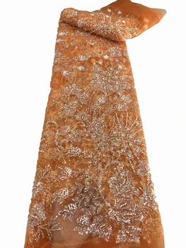 Винтажная классическая кружевная сетка, ручная вышивка бисером, бисерная трубка, вышивка пайетками, ткань для свадебного платья 5 ярдов